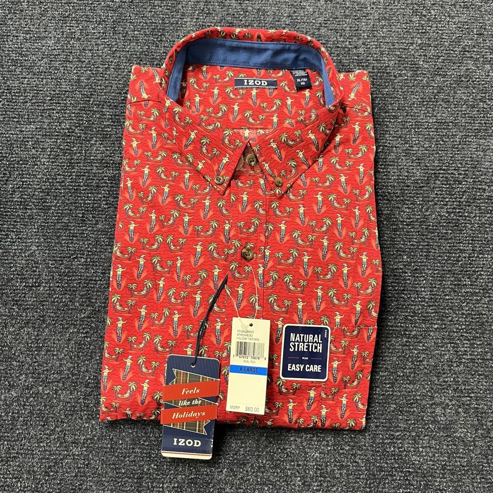 Izod Shirt Mens XL Real Red Holiday Tartan Santa Palm Tree Button Down